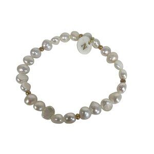 Faux White Pearl Bracelet With Gold Accents & Monogram "N" Charm